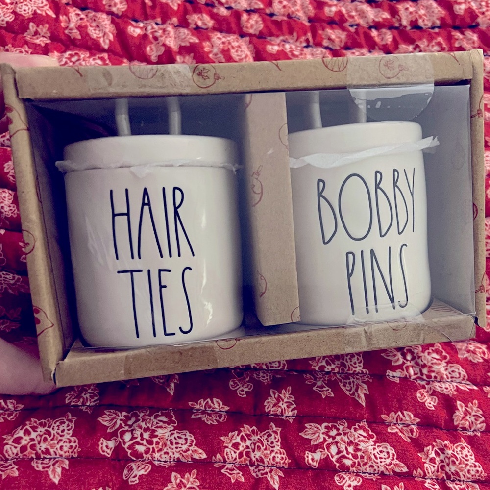 Rae Dunn Hair Ties and Bobby Pins white loop top container set. NWT .